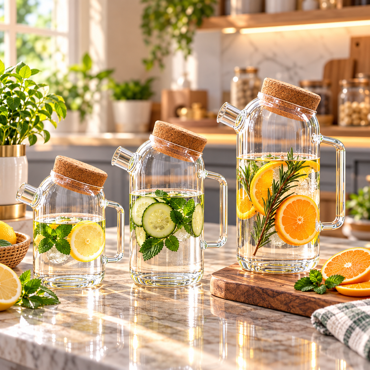 High Borosilicate Glass Water Jug with Cork Lid, Crystal Clear Glass Water Jug, Luxury Glass Juice & Water Pitcher