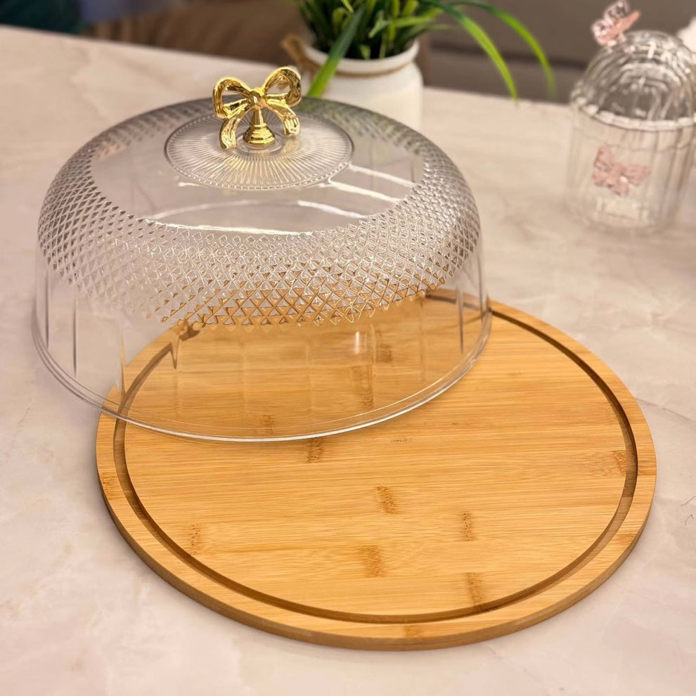 Cake Dish With Acrylic Cover, Luxury Acrylic Cake Dome, Bamboo Base With Acrylic Lid, Fancy Cake Dish With Acrylic Lid