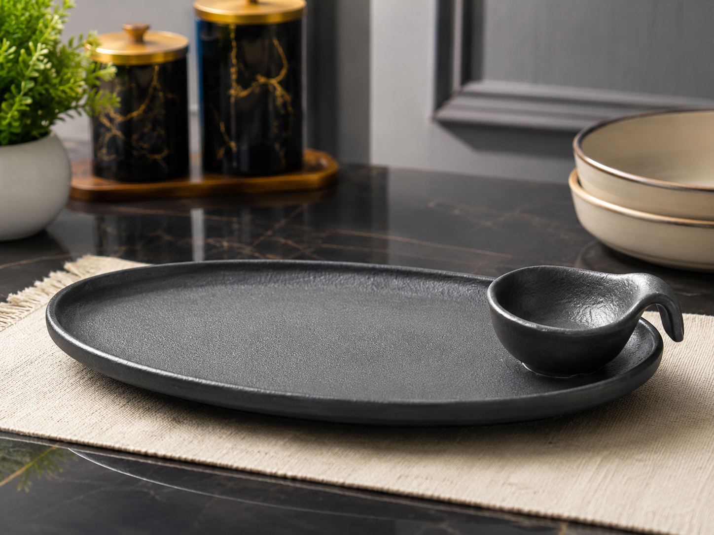 Oval Serving Platter with Dip Bowls, Multi Purpose Serving Tray with Sauce Compartments, Elegant Oval Food Presentation Platter