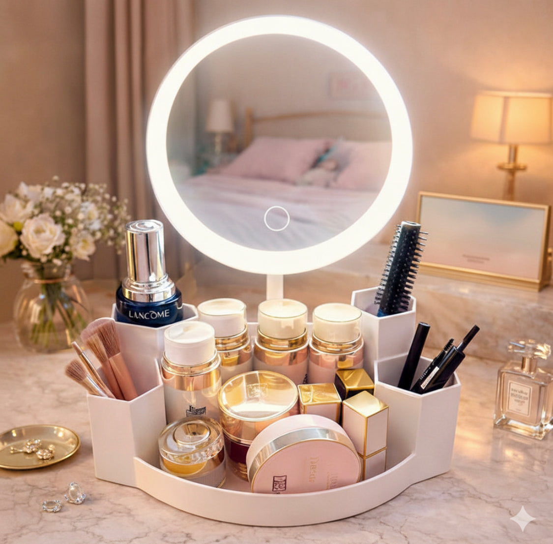 3 Tone Dimmable Touch LED Vanity Mirror, Makeup Organizer Box with LED Light Mirror, Multipurpose Makeup Organizer
