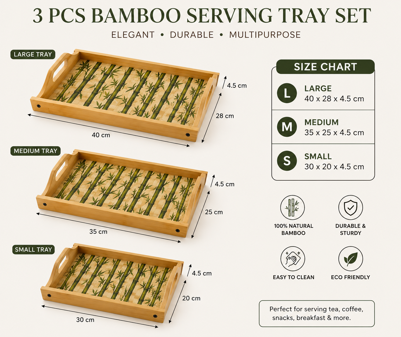3Pcs Bamboo Serving Trays with Handles, Multipurpose Bamboo Serving Tray Set, Classic Bamboo Tray Collection, Bamboo Kitchen & Serving Tray Set
