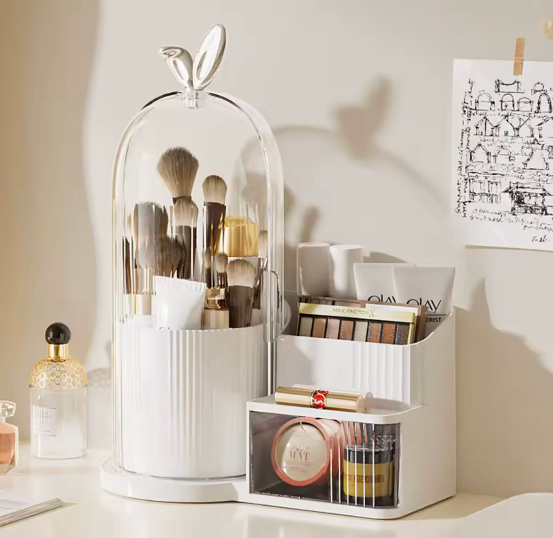 360 Rotating Makeup Organizer With Dustproof Cover, Multi Layer Cosmetic Storage Box with Drawer, Cage Shape Brush Organizer, Lipstick and Eyebrow Pencil Holder