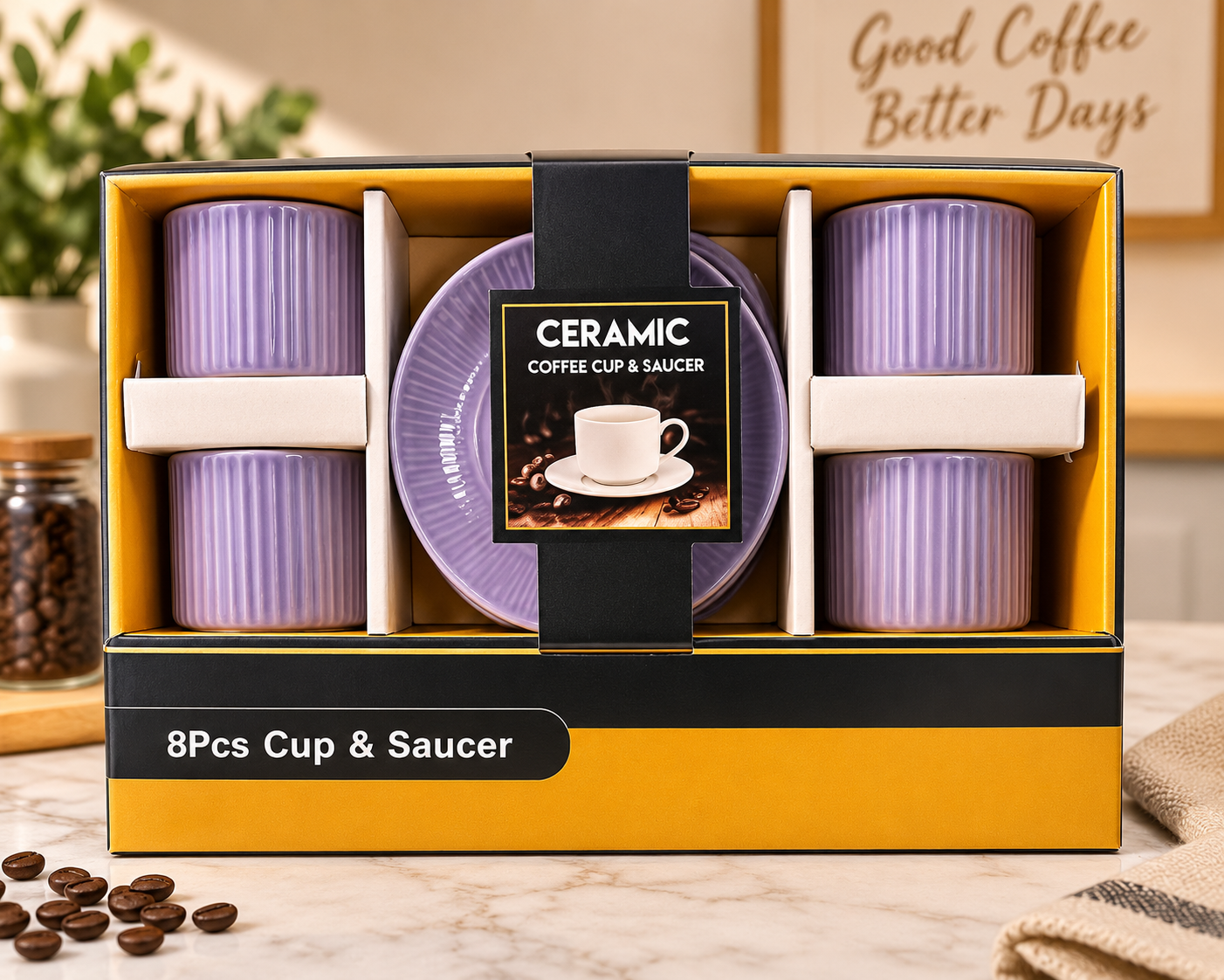 8pcs Ceramic Ribbed Coffee Cup With Saucer Set, Fluted Ceramic Mug with Matching Saucer, Vintage Fluted Cup And Saucer Set