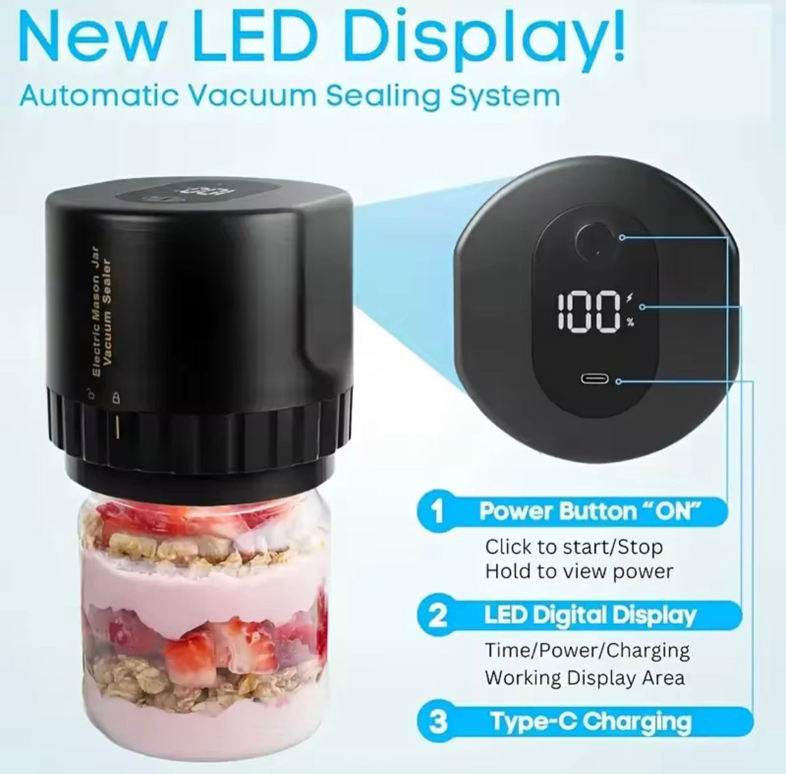 Automatic Electric Vacuum Sealer, One Press Vacuum Sealer Jar, Cordless Electric Vacuum Sealer