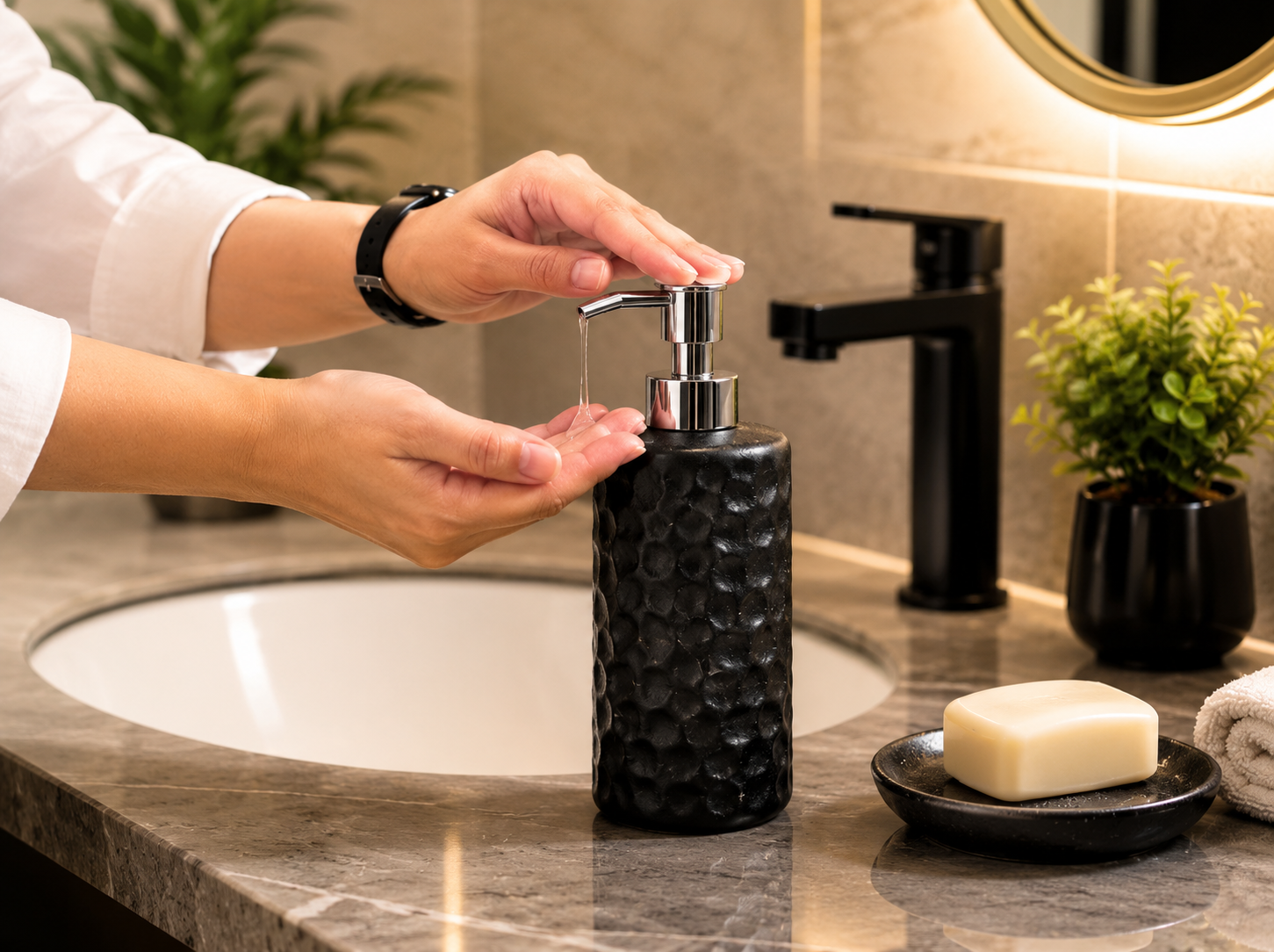3pcs Ceramic Bathroom Set, Hammered Texture Ceramic Soap Dispenser, Bath Accessories Set, Rustic Ceramic Bathroom Essentials Set