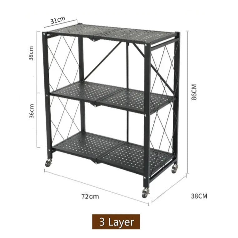 Multi Layer Folding Kitchen Rack, Kitchen Metal Folding Shelves With Wheels, Household Sundries Finishing Balcony Floor Storage Rack, Multi Level Folding Shelves with Wheels, Multifunctional 3 Tier Storage Cart
