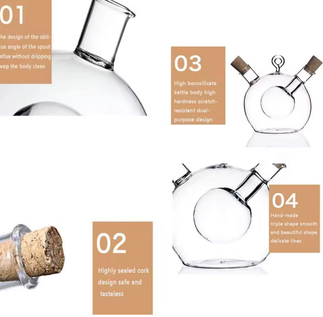 2 In 1 Glass Oil Bottle , Multipurpose Glass Bottle Jar, Creative Double Mouth Glass Seasoning Oil Pot, Double Oil Dispenser With Cork