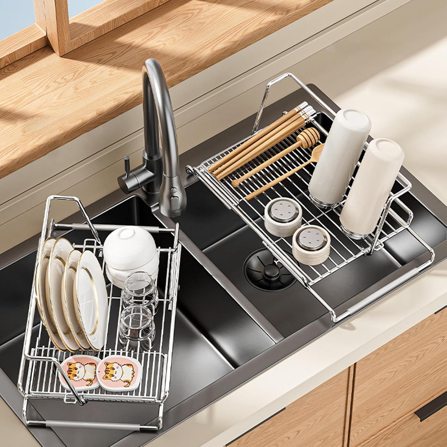 Stainless Steel Expandable Dish Drainer, Over The Sink Dish Drying Rack, Kitchen Storage Organizer, Countertop Space Saving Dish Rack