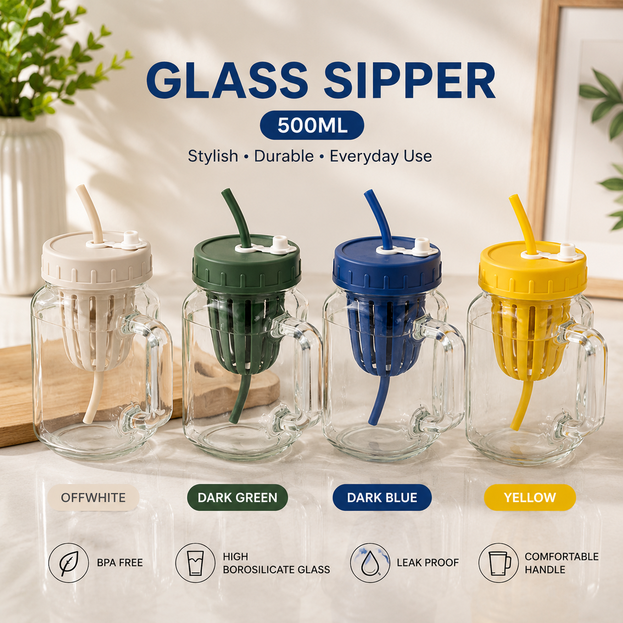 500ml Glass Sipper with Infuser, Leakproof Glass Infuser Mug with Straw, Glass Sipper Bottle, Glass Juice Cup with Handle