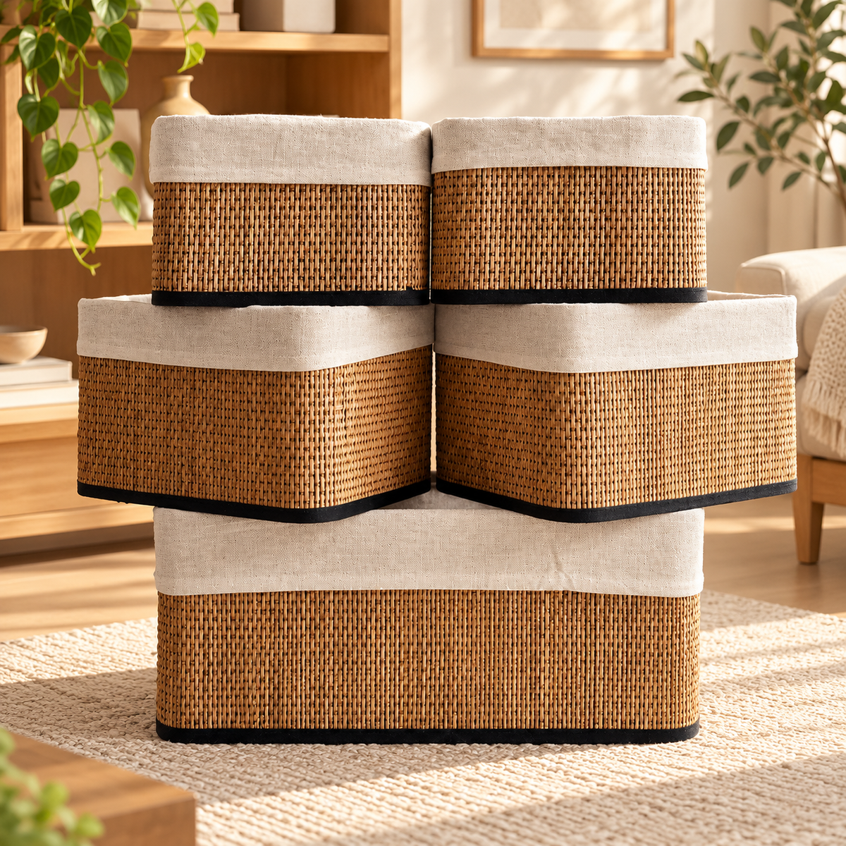5pcs Woven Rattan Storage Basket Set, Fabric Lined Wicker Storage Boxes, Decorative Rattan Storage Box Set