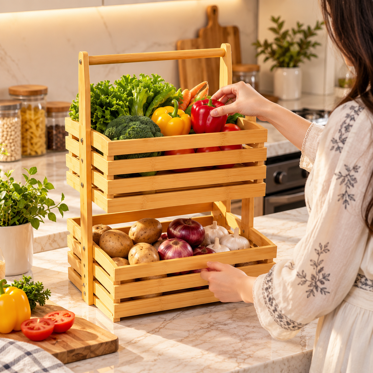 Multi Tier Bamboo Storage Basket, Wooden Kitchen Fruit & Vegetable Rack with Handle, Wooden Slatted Storage Basket Stand, Multi Tier Bamboo Kitchen Organizer
