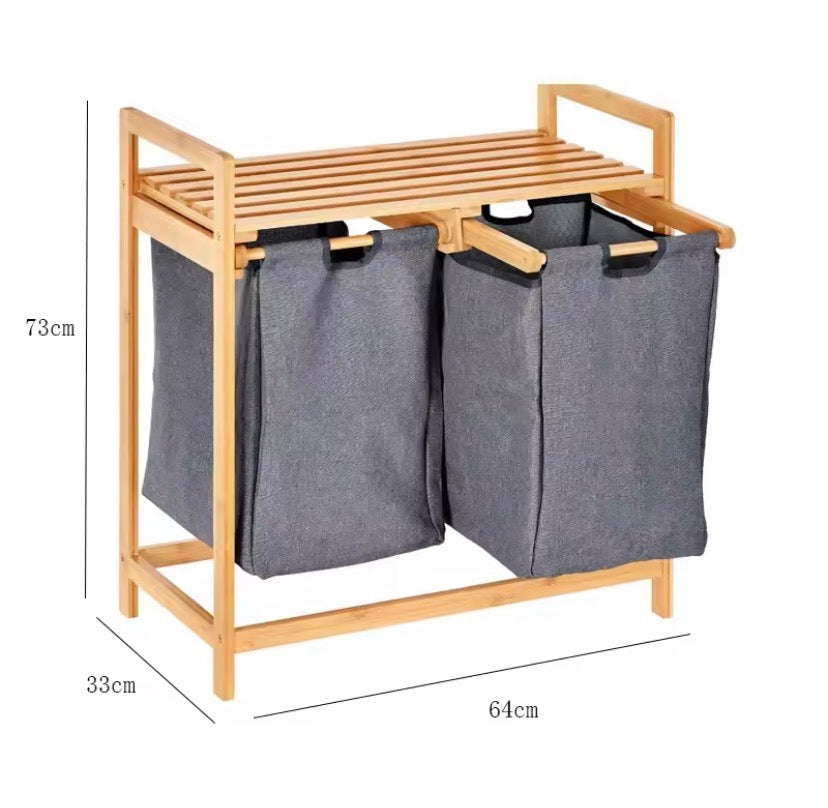 Dual Compartment Laundry Organizer Rack, Wooden Frame Laundry Hamper Organizer, Household Double Section Laundry Hamper