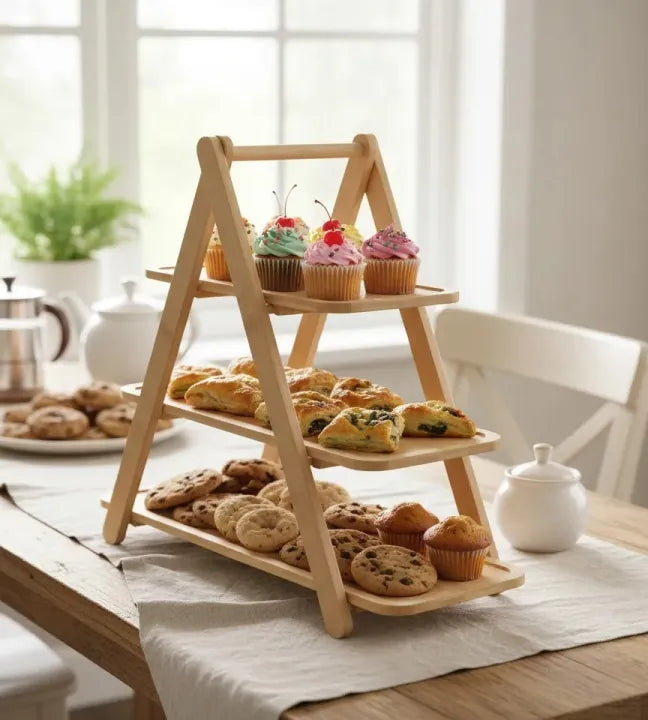 3 Tier Cupcake and Pastry Display Stand, A Frame Cupcake Display Rack, Wooden Dessert Stand, Multi Tier Wooden Snack Serving Stand