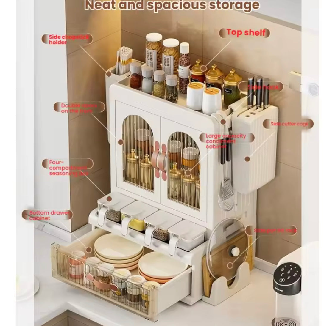 Multifunctional Arched Door Kitchen Organizer with Drawer, Dual Door Kitchen Seasoning Spice Organizer, Kitchen Spice Rack Organizer with Knife Holder & Storage Cabinet, Knife Holder