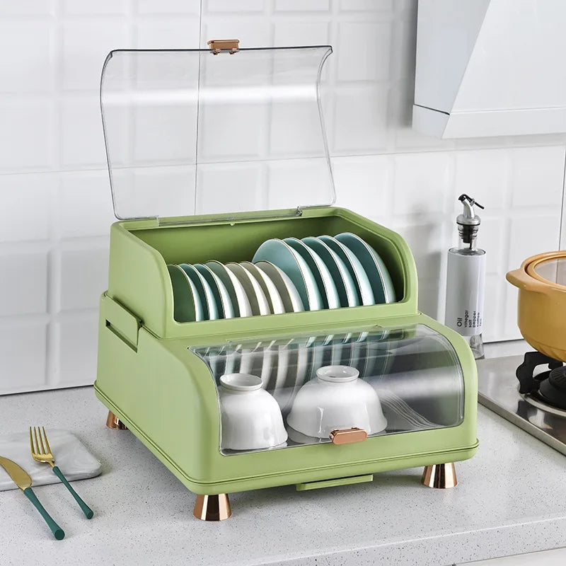 Double Layer Kitchen Dish Rack with Lid, Dustproof Dish Rack Organizer, Kitchen Dish Drying Rack, Multifunctional Storage Organizer