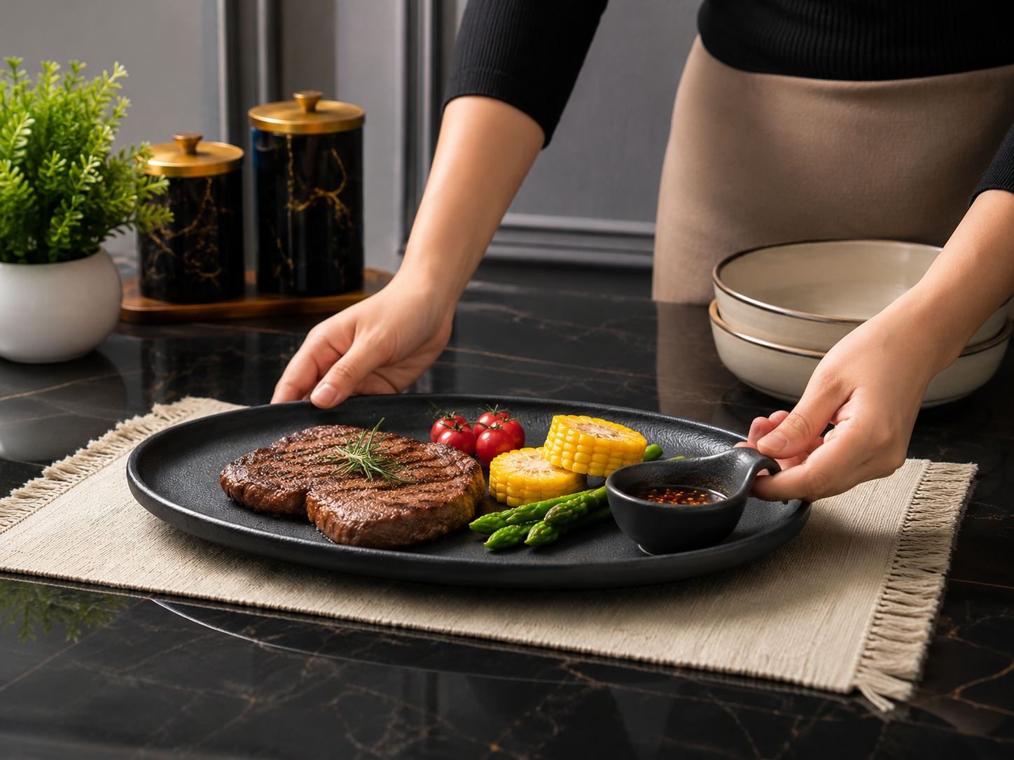 Oval Serving Platter with Dip Bowls, Multi Purpose Serving Tray with Sauce Compartments, Elegant Oval Food Presentation Platter