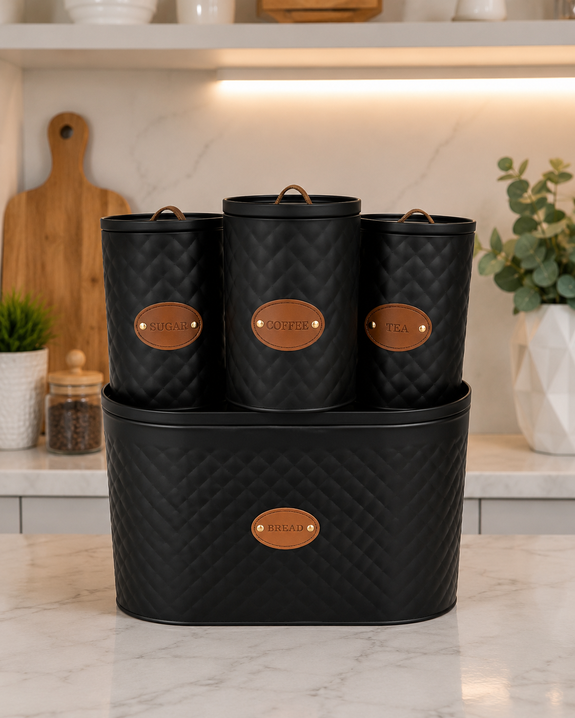 4pcs Diamond Texture Bread Box Set, Luxury Tea, Coffee & Sugar Canister Set with Bread Box, Kitchen Counter Storage Collection