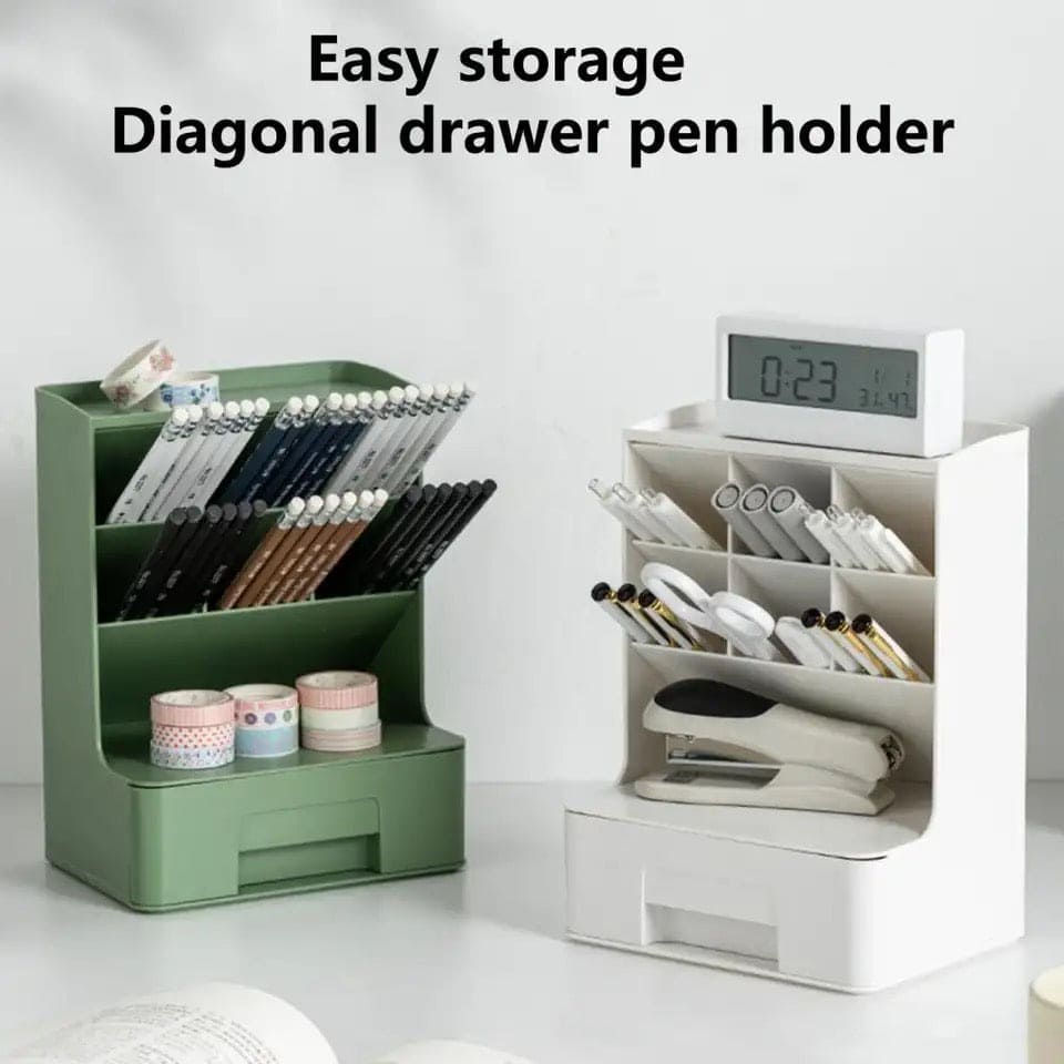 Slop Desktop Storage Box With Drawer, Classify Drawer Type Storage Box, 6 Compartment Multipurpose Organizer With Drawer, Rounded Corners Desk Stationary Organizer, Office School Inclines Desk Pen Organizer