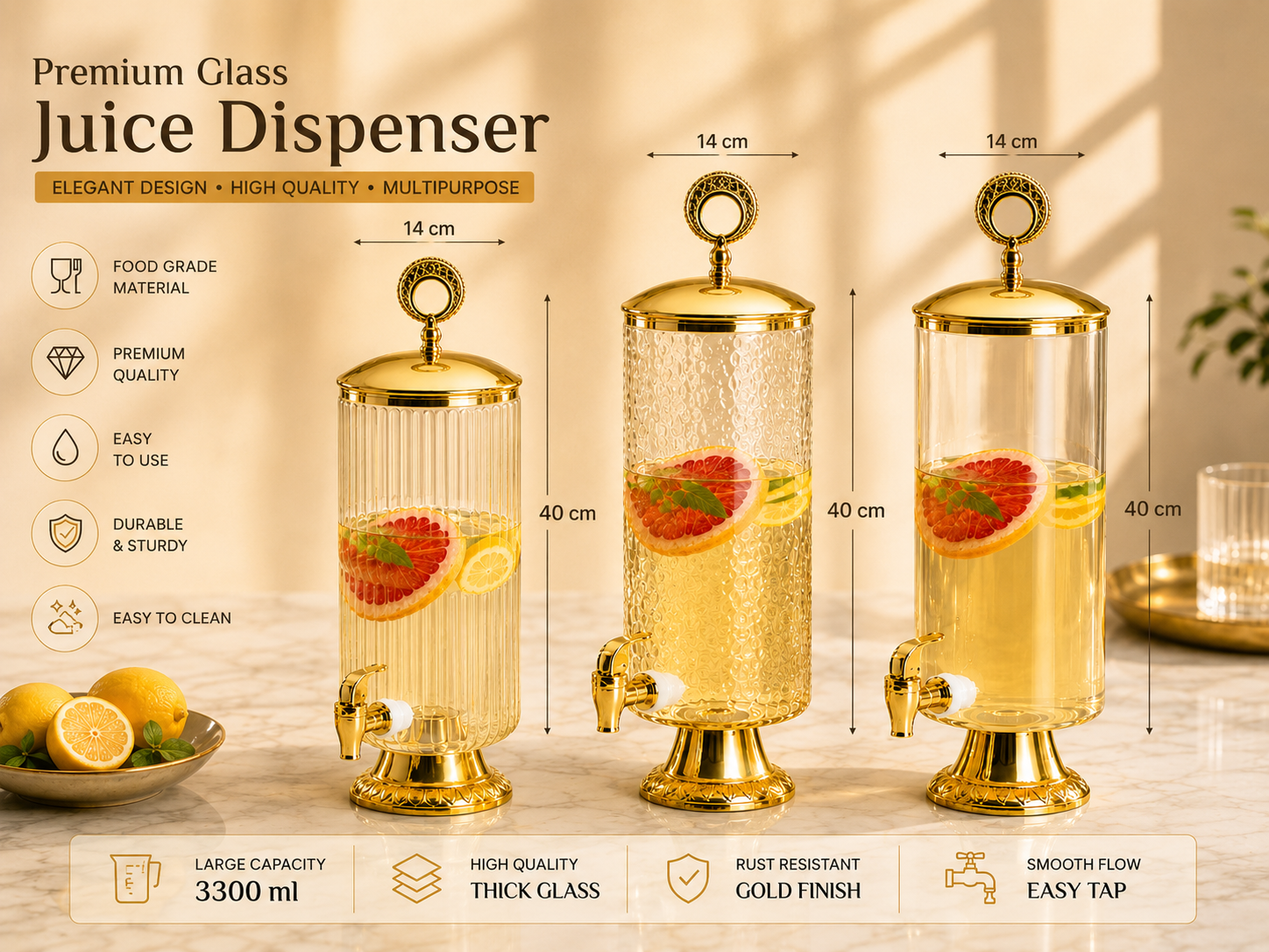 Vintage Style Glass Juice Dispenser, Crystal Glass Beverage Dispenser With Gold Faucet, Premium Glass Beverage Server