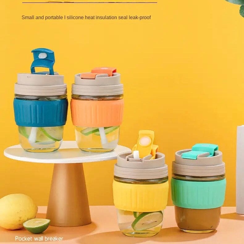 Modern Travel Mug, 350ml Double Drinking Glass, Lovely Glass Straw Cup, Portable Accompanying Coffee Cup, Couple Silicone Anti Scalding Water Cup