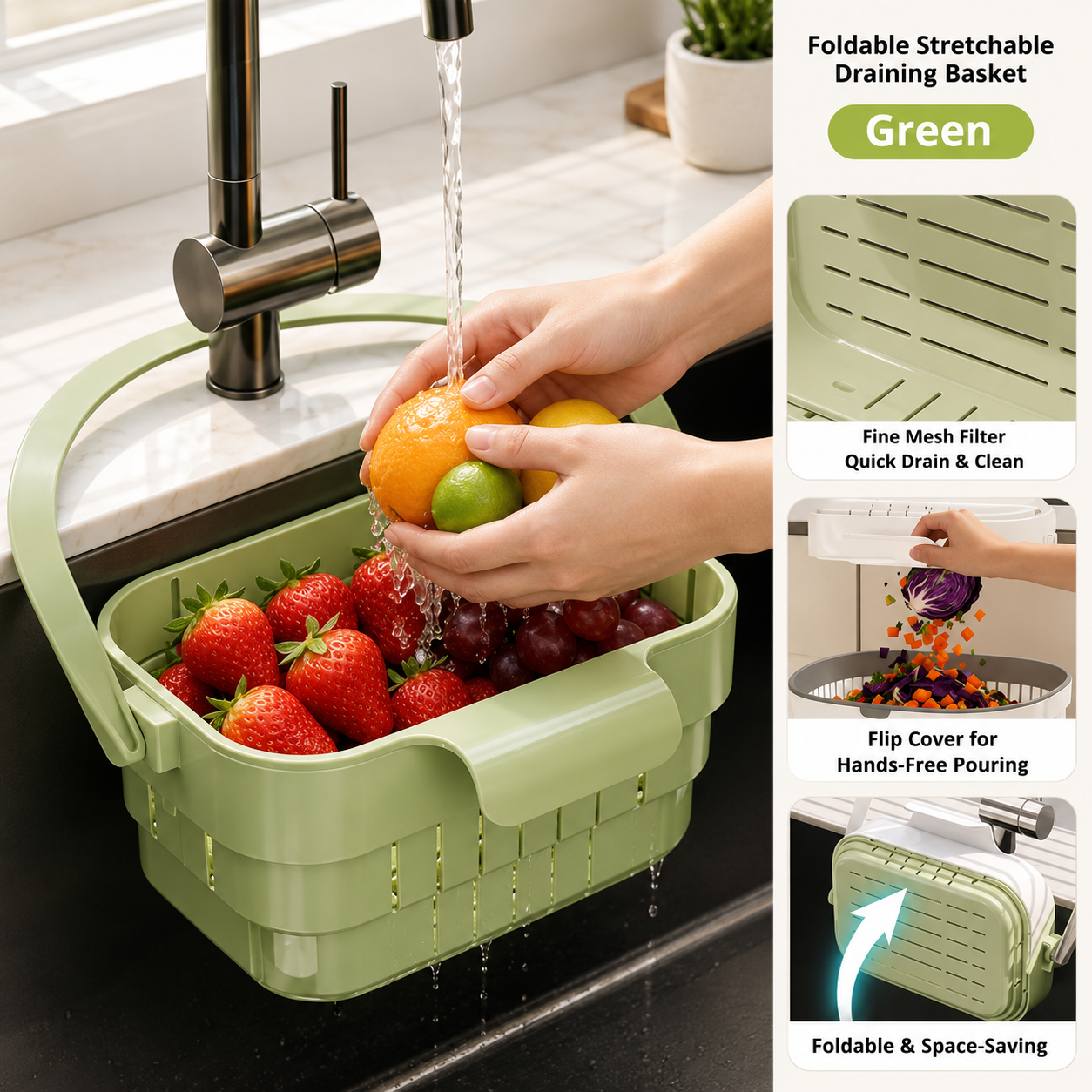 Multipurpose Folding Drain Colander, Space Saving Sink Drain Basket, Adjustable Sink Drain Filter Basket, Foldable Fruit And Vegetable Washing Basket