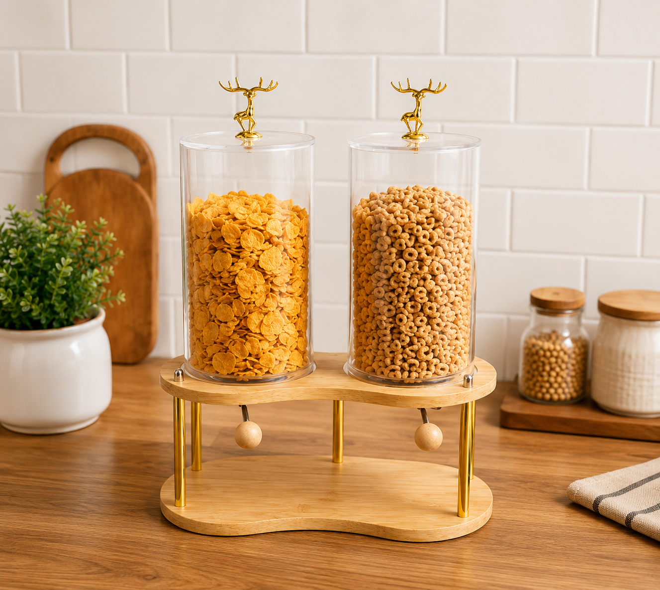 Tabletop Breakfast Cereal Organizer, Royal Deer Cereal Serving Station, Wooden Stand Corn Flakes Dispenser, Elegant Deer Cereal Dispenser