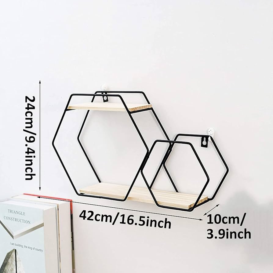 Double Layer Hexagonal Wall Floating Shelf, Nordic Style Hexagon Wall Shelf, Wall Mounted Rack for Books
