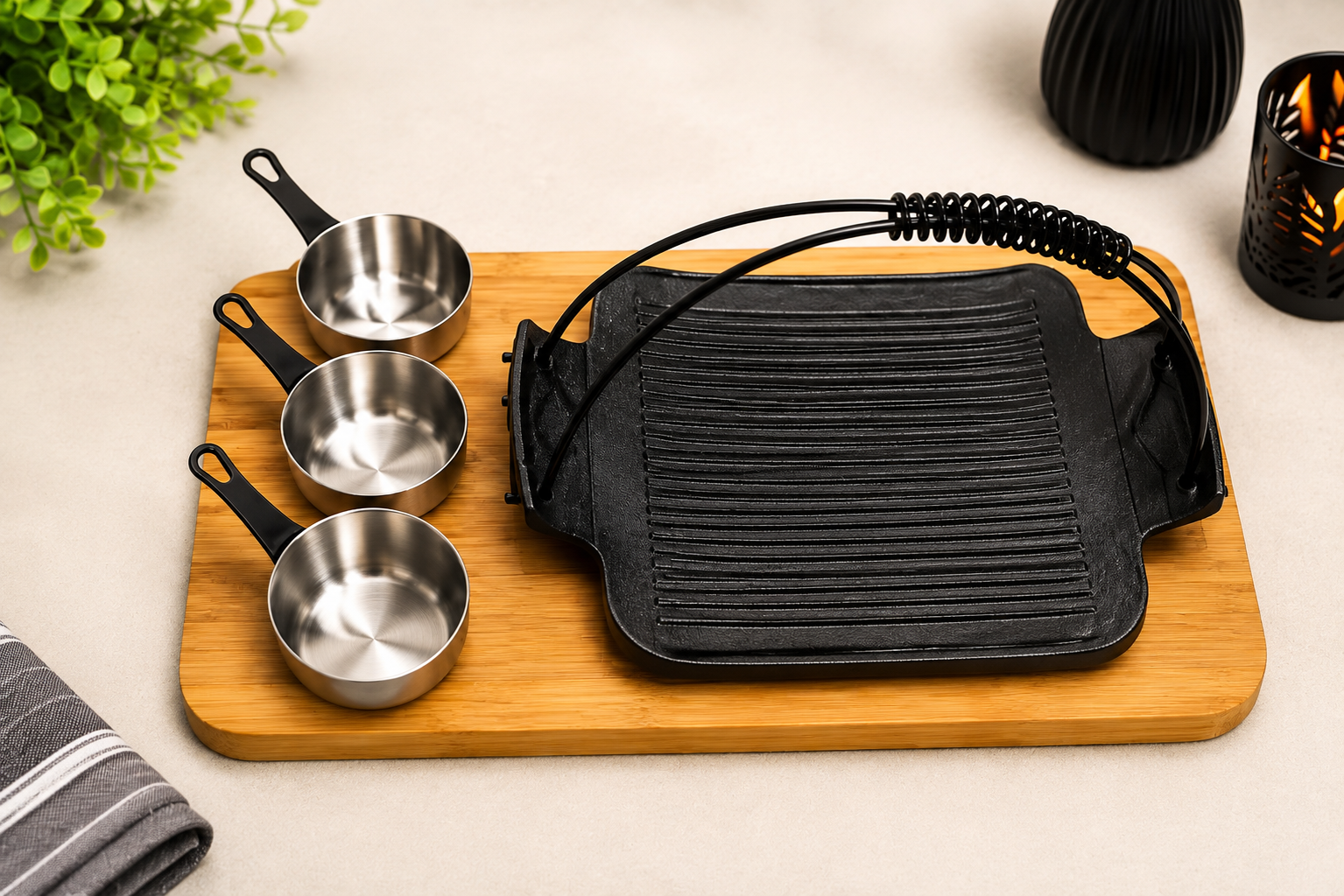 Tabletop Steak Grill Plate with Bamboo Serving Board,
Korean BBQ Grill Plate Set With Sauce Cups, Steak Grill Plate with Bamboo Tray And Sauce Cups, Portable Korean BBQ Grill Pan Serving Set