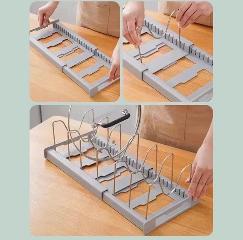 Expandable Pans Organizer Rack, Adjustable 7 Compartments Dish Storage Rack, Pot Lid Organizer, Kitchen Utensils Rack