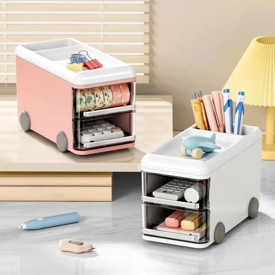 Cute Bus Style Desktop Organizer, 2 Layer Pull Out Clear Drawer Box, Multifunctional Supplies Stationery Pencil Container, Large Capacity Visible Storage Organizer, Dresser And Home Sundries Storage Holder