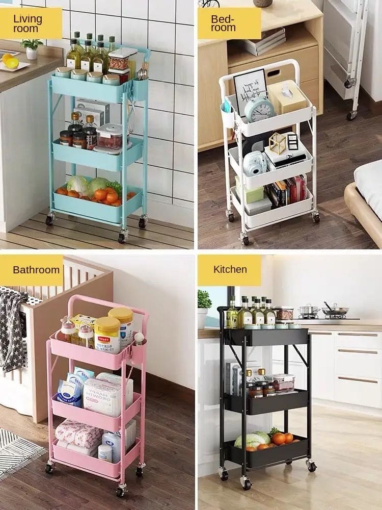 3 Tier Flexible Food Trolley, Home Snack Vegetables Storage Rack with Wheels, Multifunctional 3 Tier Storage Cart, Folding Kitchen Shelves, Plastic & Stainless Steel Storage Cart