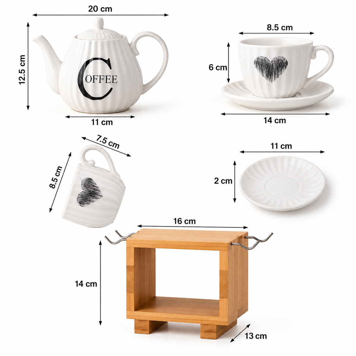 6pcs Ceramic Tea Cup Set with Wooden Stand, Elegant Ceramic Cup & Saucer Set, Ceramic Tea Set with Wooden Stand
