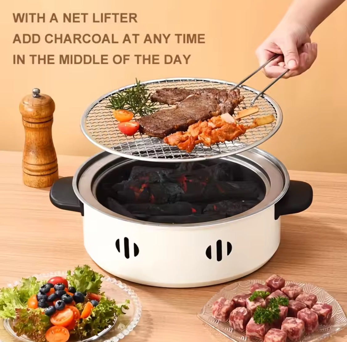 Portable Barbecue Stove With Coal Grill, Tabletop BBQ Grill Pan, Round Non Stick Barbecue Rack, Outdoor Camping Barbecue Stove, Korean Charcoal Stove, Stainless Steel Split Barbecue Grill