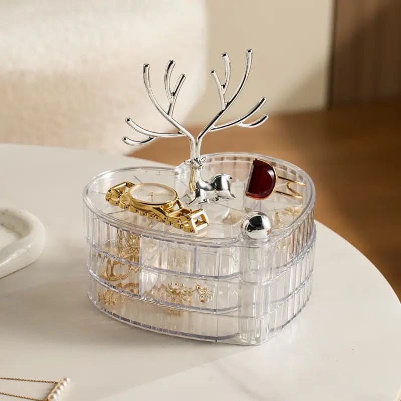 Little Deer Jewellery Organizer, 3 Layer Rotating Necklace Jewelry Box, Light Luxury Heart Desktop Sundries Makeup Organizer, Elegant Decorative Necklace Earrings Bracelet Container, Acrylic Jewelry Display Stand, Large Capacity Striped Box