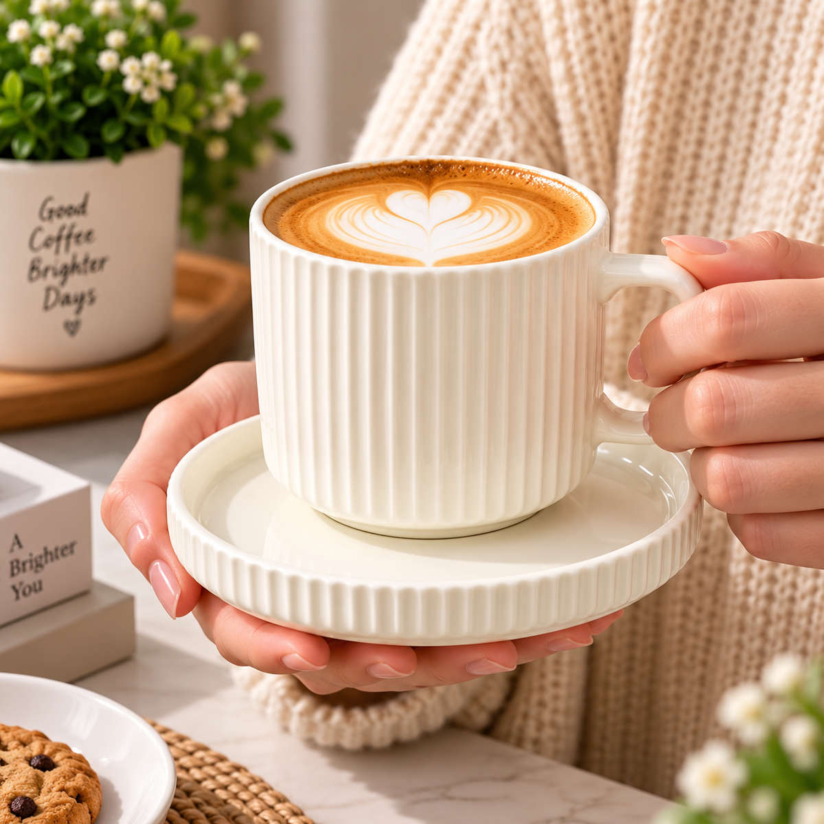 8pcs Ceramic Ribbed Coffee Cup With Saucer Set, Fluted Ceramic Mug with Matching Saucer, Vintage Fluted Cup And Saucer Set