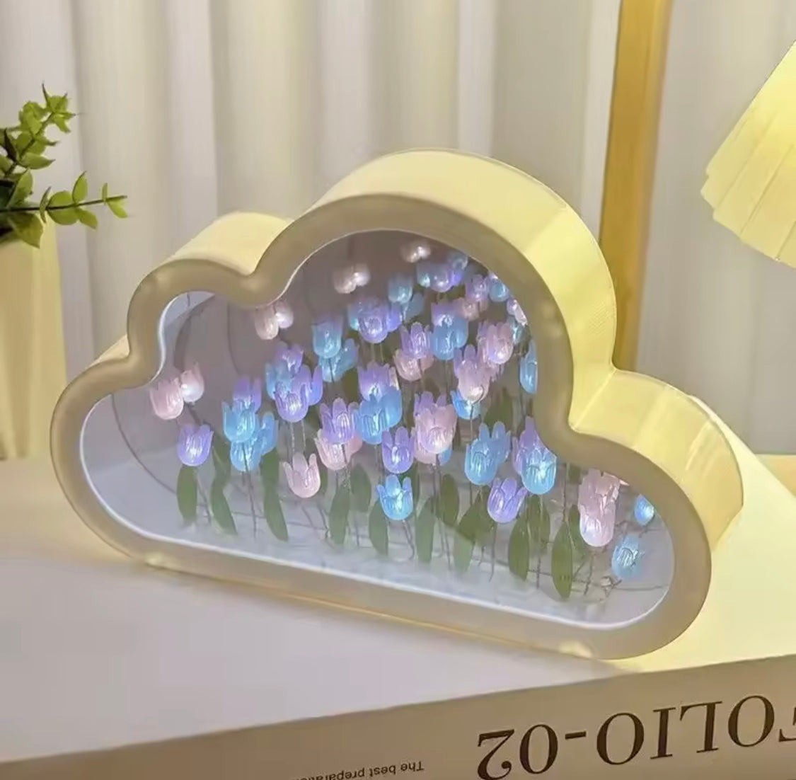 Cloud Shape Tulip Flowers Night Light, Bedroom Decor Mirror Table Lamp, Clouds Tulip Atmosphere Lamp