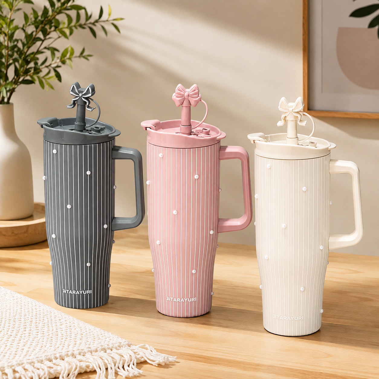 PearlMist 40oz Insulated Tumbler, Cute Ribbon Style Thermal Cup, Large Capacity Aesthetic Water Cup with Handle
