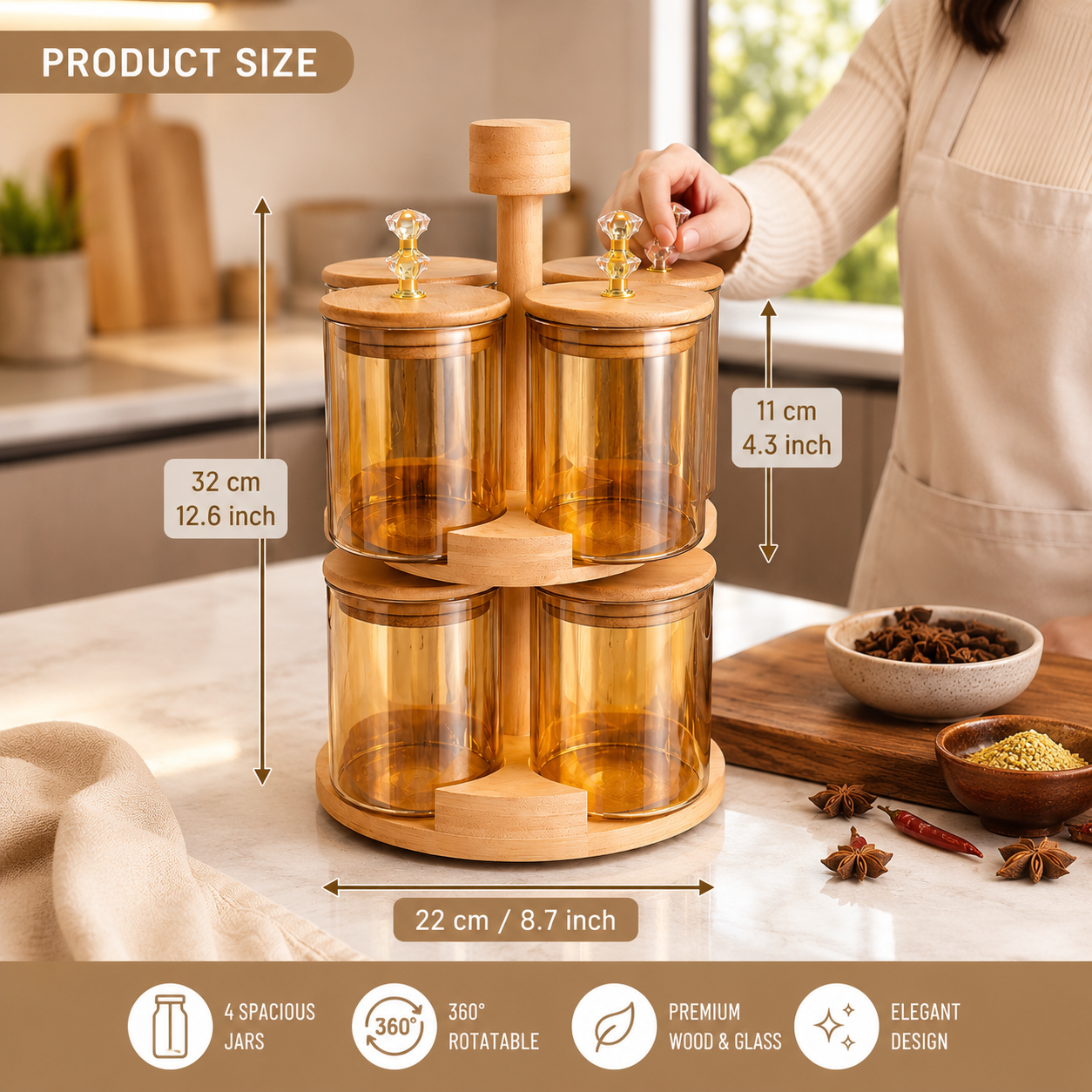 360° Rotating Spice Rack Set With Bamboo Stand, Airtight Revolving Masala Organizer With Wooden Lids, Kitchen Countertop Spice Holder