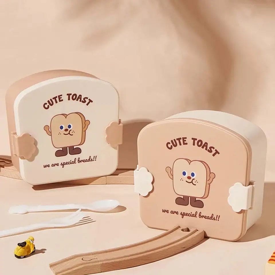 Square Toast Lunch Box, Plastic Partition Bento Box with Lid, Kids School Lunch Box, Snack Food Storage Container, 3 Grids Lunch Box with Cutlery, Cartoon Toast Pattern Students Bento Case for School Office