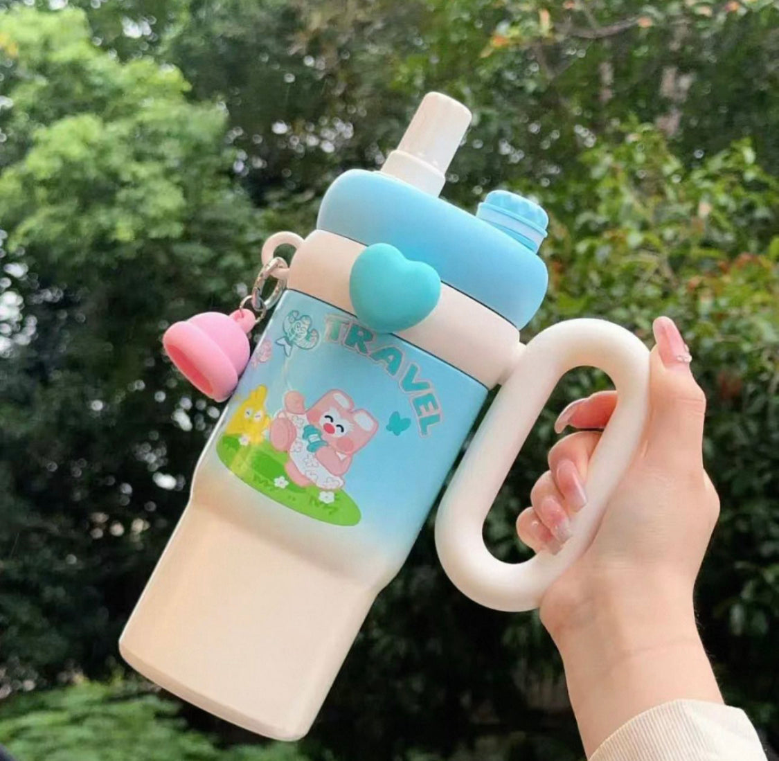 Cute Kawaii Rainbow Insulated Tumbler Sipper With Handle, Leak Proof Stainless Steel Straw Sipper, Easy Grip Vacuum Tumbler