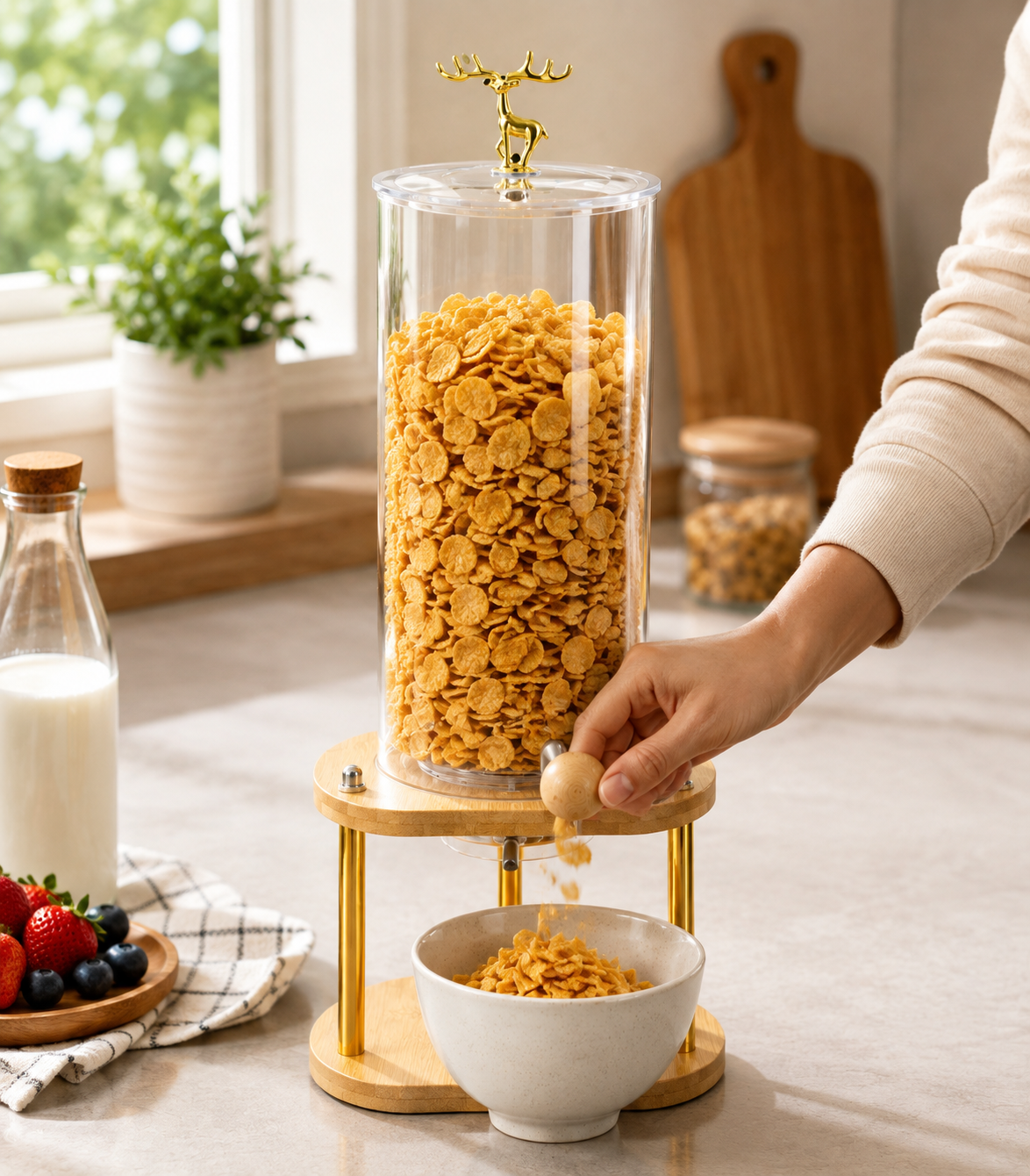 Tabletop Breakfast Cereal Organizer, Royal Deer Cereal Serving Station, Wooden Stand Corn Flakes Dispenser, Elegant Deer Cereal Dispenser