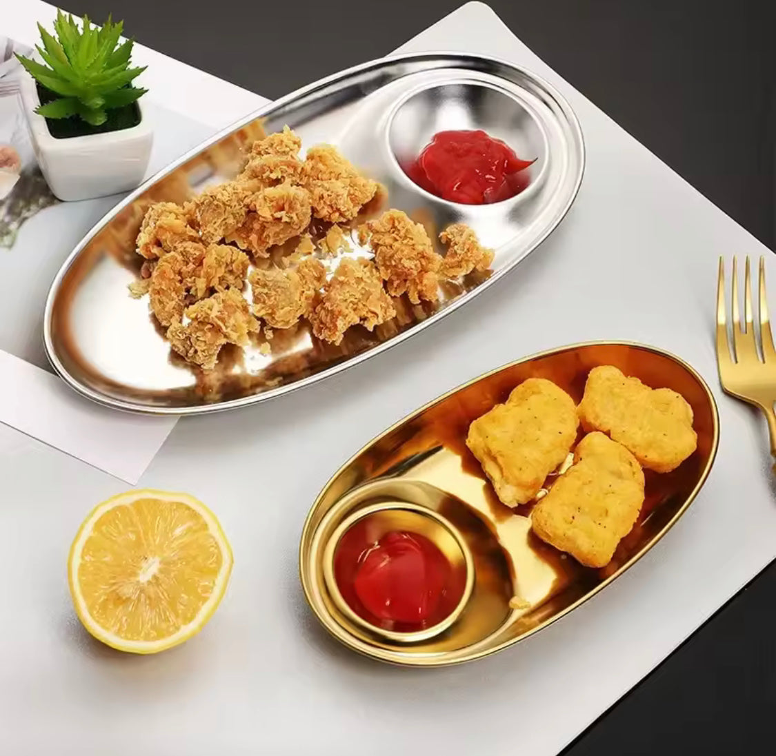 Stainless Steel Snacks Tray, Dumpling Plate Appetizer, Snack Dish Serving Plate, French Fries Dish, Kitchen Gadgets