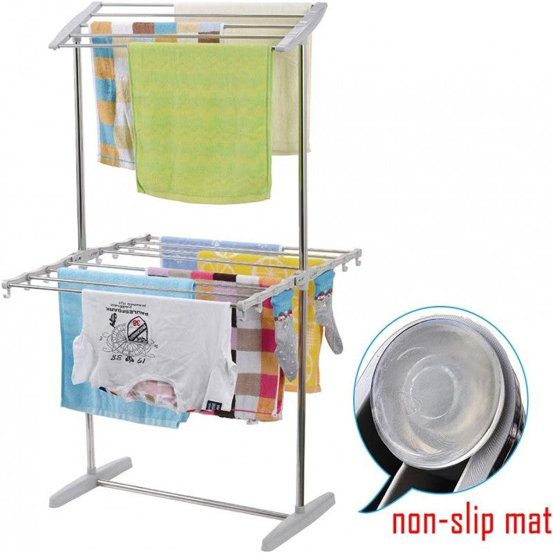 Double Layer Stainless Steel Clothes Rack, Multifunctional 2 Layer Foldable Cloth Dryer Stand Rack, Hanging Storage Wardrobe