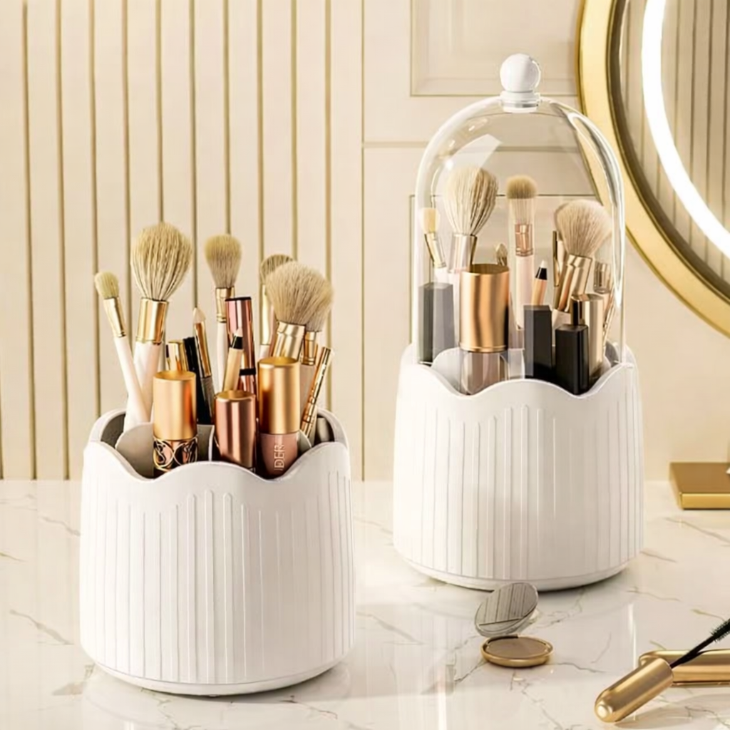 Wave Makeup Brush Organizer, Starry 360° Rotating Makeup Organizer, Cosmetic Organizer Bucket with Visible Cover, Desktop Makeup Brush Storage Bucket, Multifunctional Desktop Stationary Organizer, Dustproof Rotating Makeup Brush Holder
