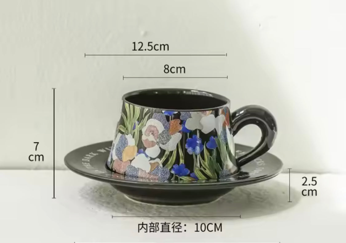 Vintage Painting Style Ceramic Mug With Saucer, Ceramic Cup With Steel Spoon, 1Pc Coffee Glass
