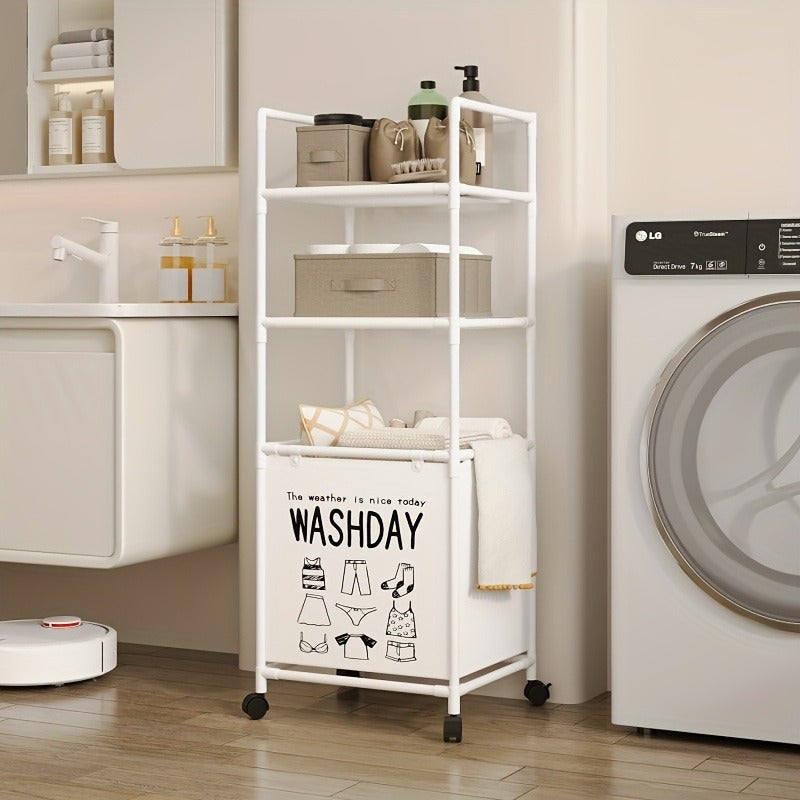 Compact Multilayers Storage Rack, Moveable Laundry Basket With Shelf, Multipurpose Organizer For Kitchen And Bathroom