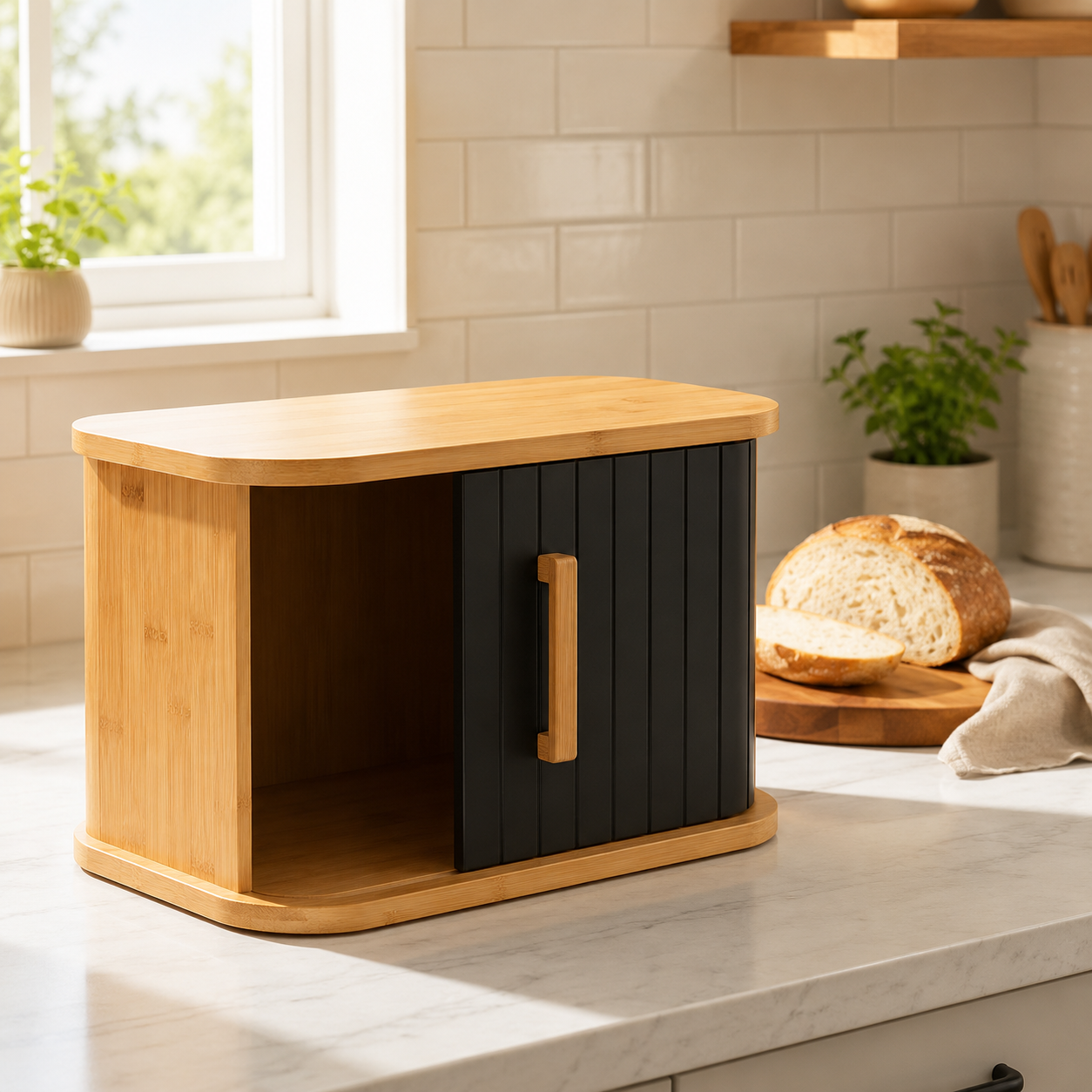 Bamboo Bread Container With Sliding Door, Countertop Wooden Bread Storage Box, Premium Wooden Bread Storage Container