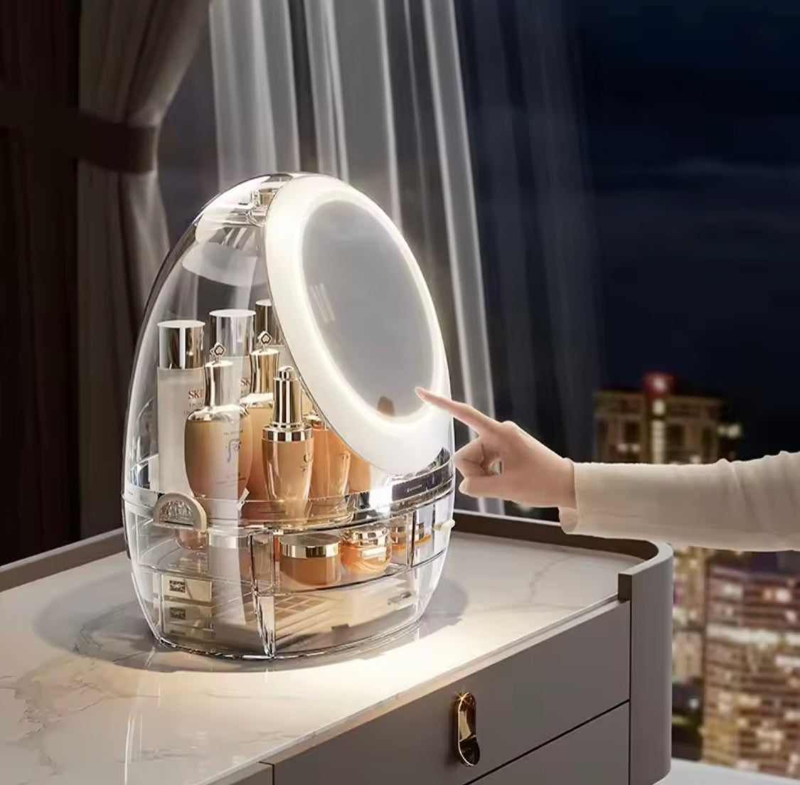 LED Makeup Organizer with Mirror And Drawers, Smart Touch LED Vanity Makeup Organizer, Transparent Makeup Organizer with 360° HD Mirror, Dust proof Cosmetic Storage Box with LED Mirror