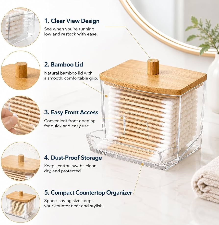 Acrylic Cotton Swab Holder with Bamboo Lid, Transparent Cotton Swab Dispenser, Decorative Cotton Bud Storage Container