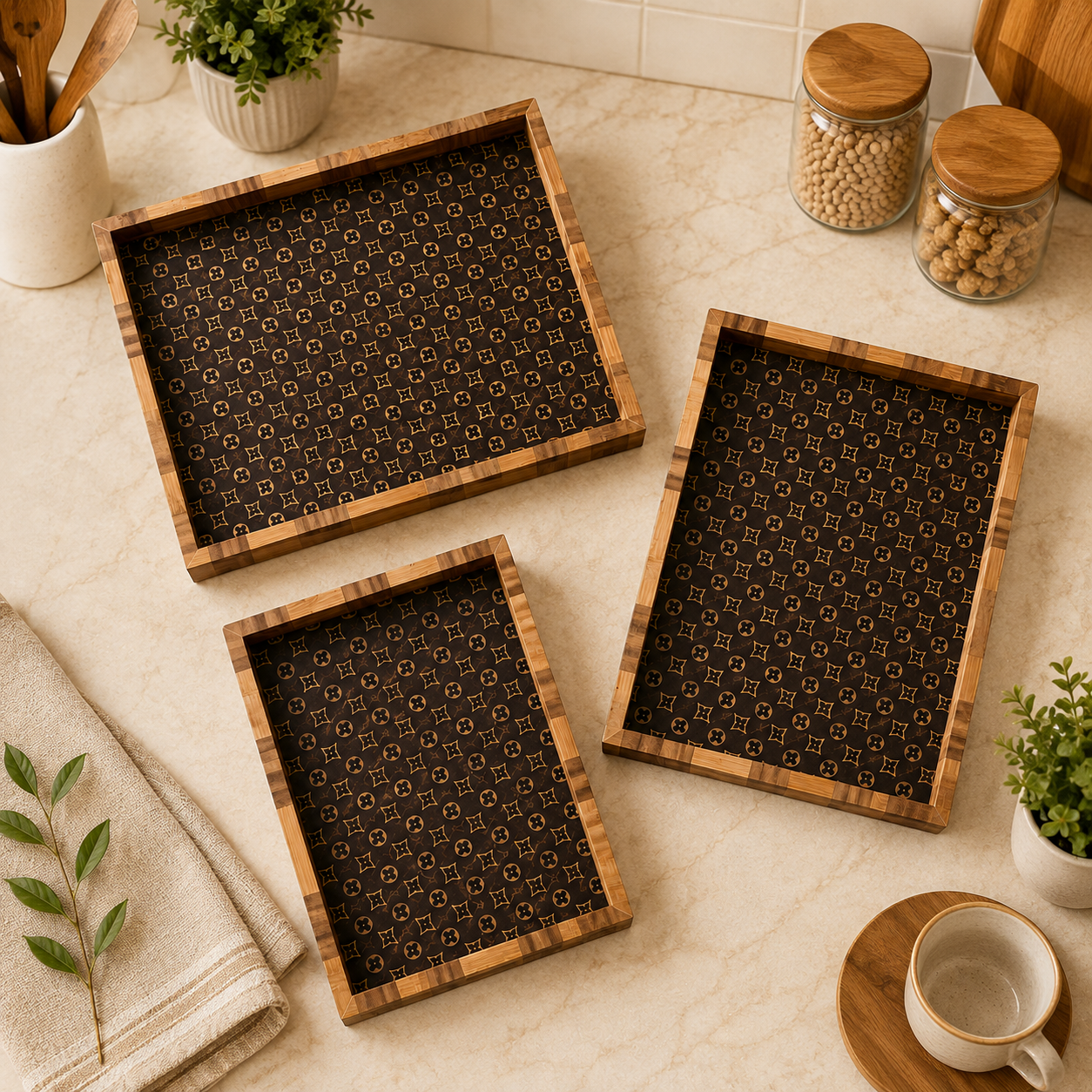 Set Of 3 Luxury Wooden Display Tray Set, Wooden Home Essentials Tray Set, Multipurpose Wooden Serving Tray, Classic Wooden Breakfast Tray